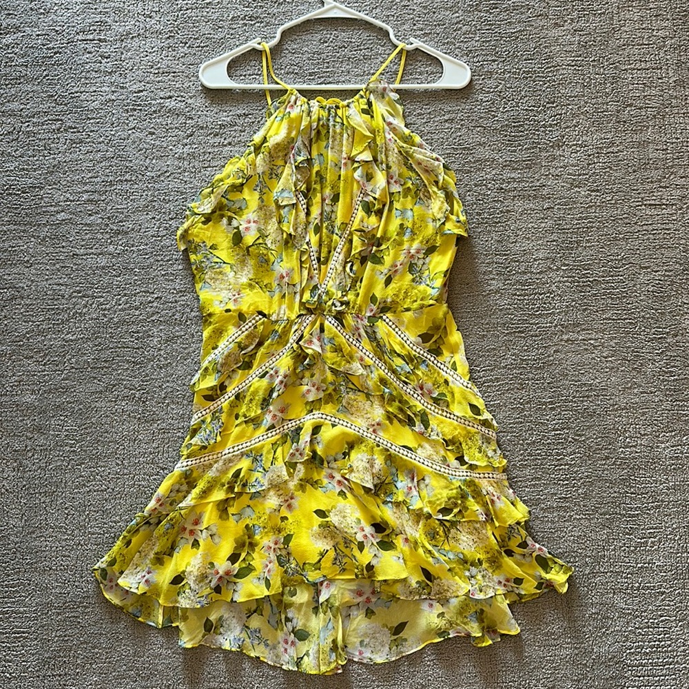 Yellow floral mini dress with open back